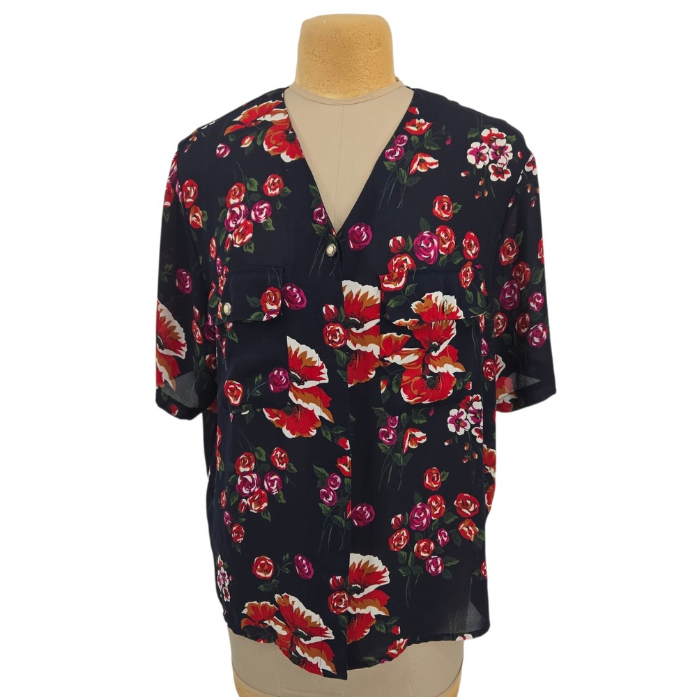 SK & Company Floral Blouse Womens 20W Navy Blue Button Up Vintage Career Summer